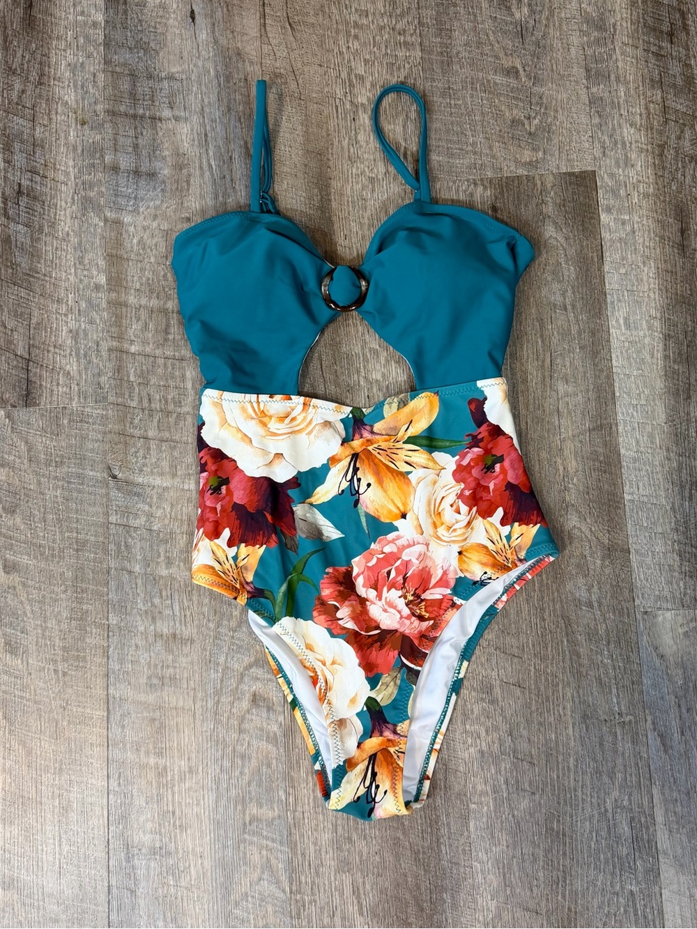 Cupshe Teal Floral One Piece Swimsuit S Ring Cutout Bathing Cottage Vacation